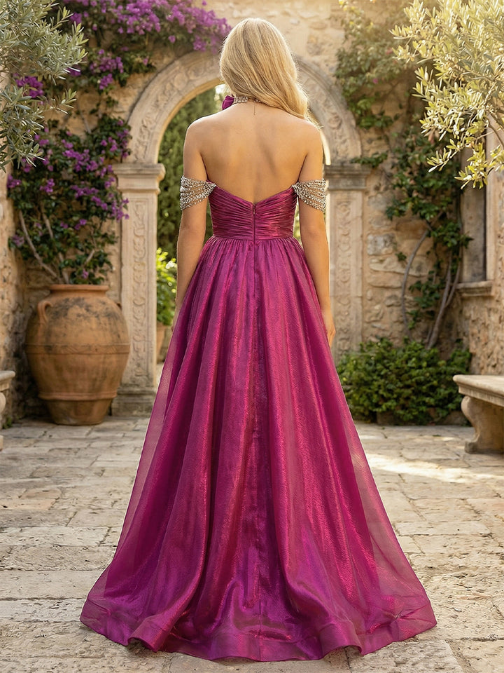 Satin Off the Shoulder Ruched Evening Dresses with Slit