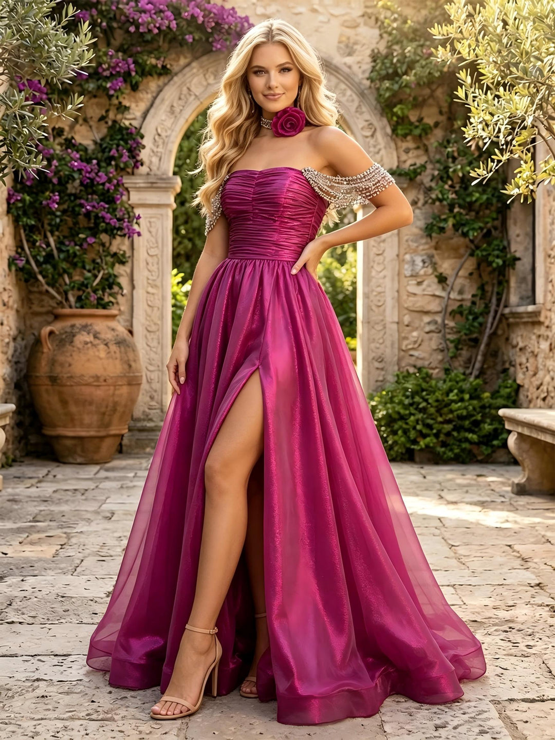 Satin Off the Shoulder Ruched Evening Dresses with Slit