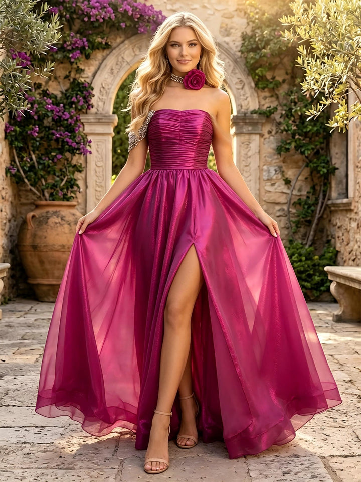 Satin Off the Shoulder Ruched Evening Dresses with Slit