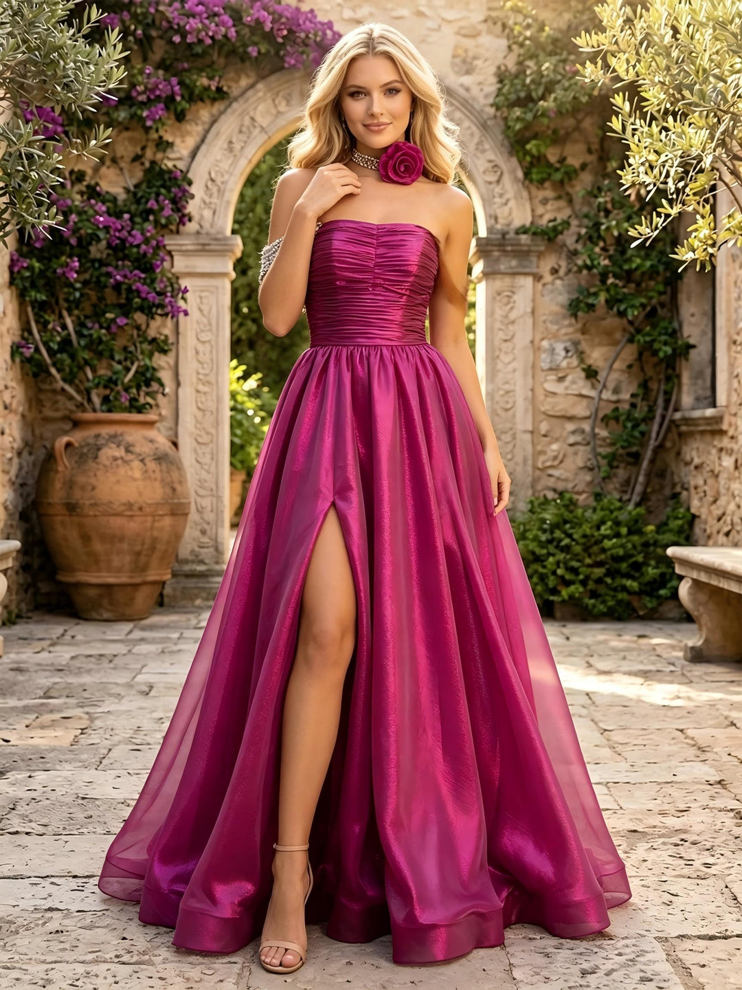 Satin Off the Shoulder Ruched Evening Dresses with Slit