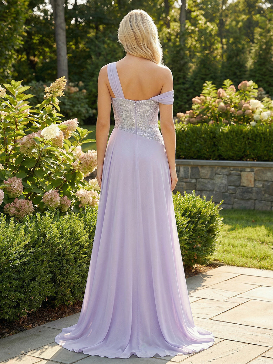 Chiffon One Shoulder Corset Sequin Formal Dresses with Slit Maxi Occasion Gowns