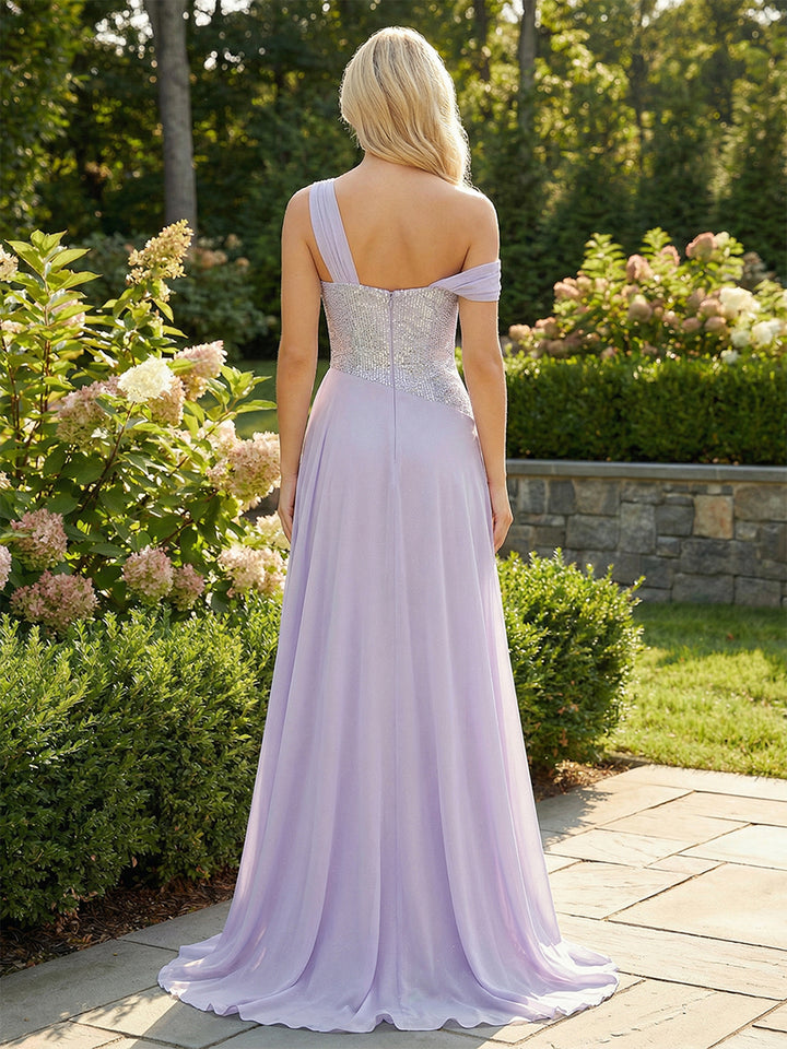 Chiffon One Shoulder Corset Sequin Formal Dresses with Slit Maxi Occasion Gowns