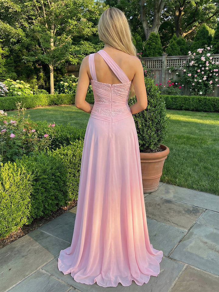 Chiffon One Shoulder Corset Sequin Prom Formal Dresses
