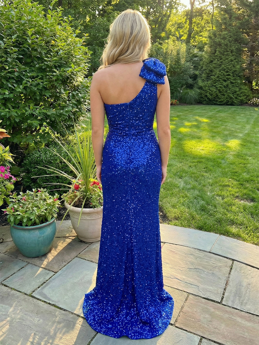 Sequin One Shoulder Corset Side Slit Prom Dresses