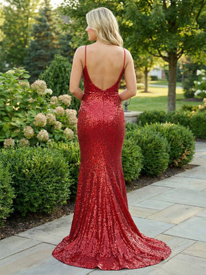 Sequin Spaghetti Straps Cowl Neck Corset Pleats Prom Dresses