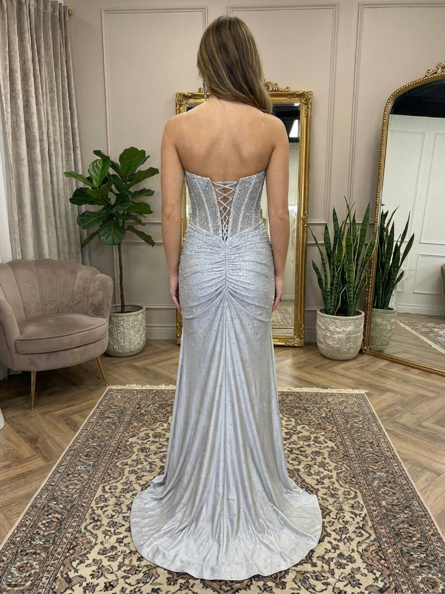 Sequin Strapless Sweetheart Pleated Prom Dresses with Slit