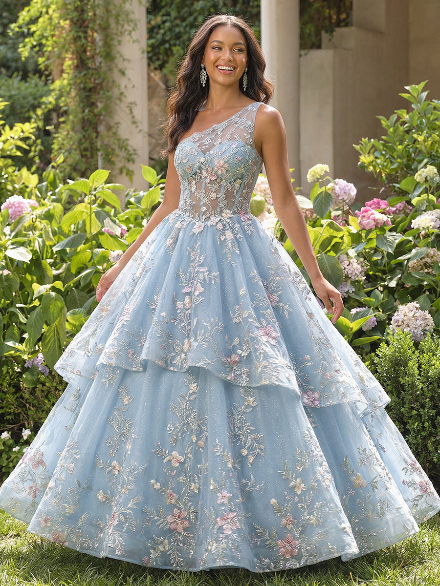 Lace Appliques One Shoulder Tulle Pleated Layered Prom Dresses