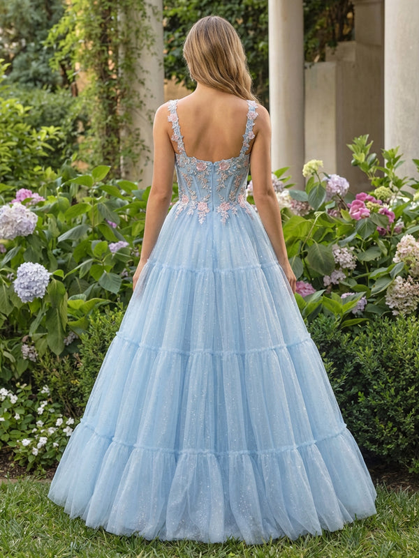 Lace Appliques Sweetheart Tulle Pleated Prom Dresses