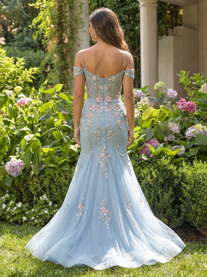 Lace Appliques Off the Shoulder Tulle Pleated Formal Dresses