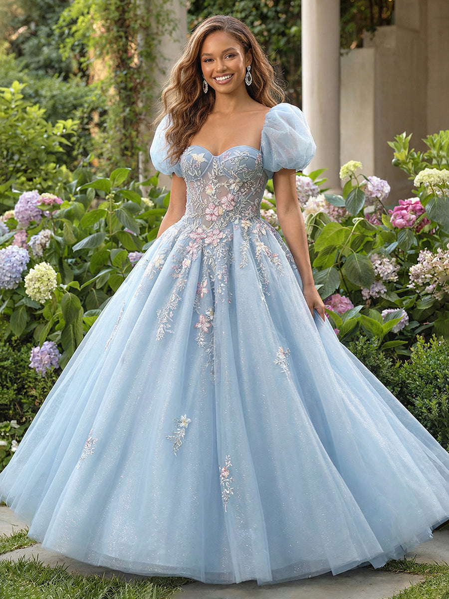 Lace Appliques Sweetheart Tulle Pleated Prom Dresses
