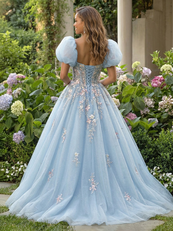 Lace Appliques Sweetheart Tulle Pleated Prom Dresses