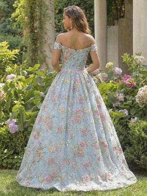Floral Lace Appliques Off the Shoulder Pleated Prom Dresses