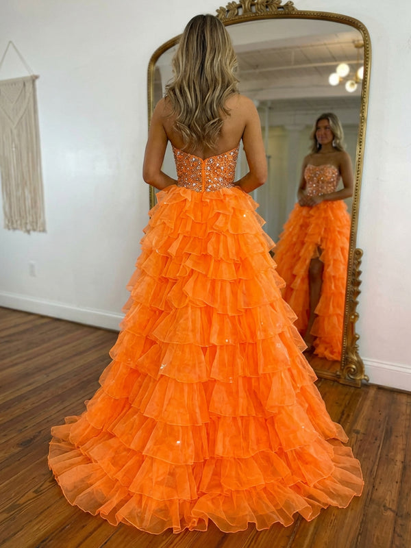 A Line Strapless Tulle Layered Prom Dresses with Slit