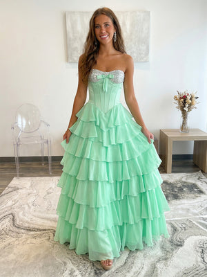 A Line Strapless Chiffon Layered Prom Dresses Corset