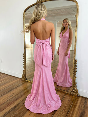Halter Backless Shimmering Prom Dresses with Bow