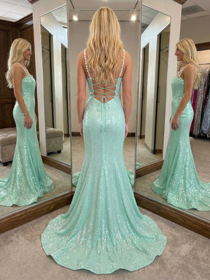 Spaghetti Straps Sequin Prom Dresses Maxi Evening Gowns