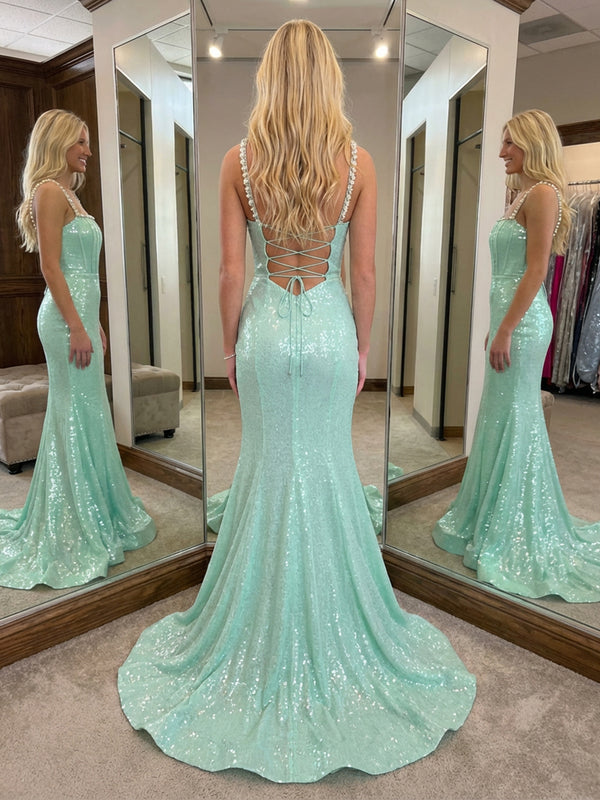 Spaghetti Straps Sequin Prom Dresses Maxi Evening Gowns