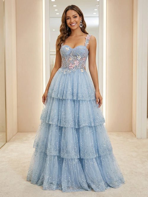 Lace Appliques One Shoulder Tulle Pleated Layered Prom Dresses