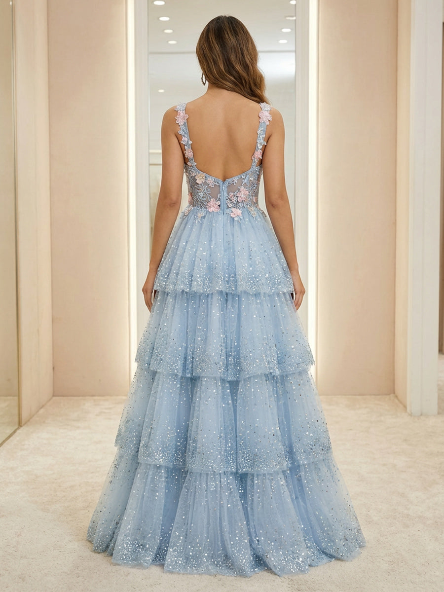 Lace Appliques One Shoulder Tulle Pleated Layered Prom Dresses