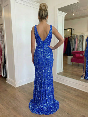 Sequin V Neck Corset Prom Dresses with Slit