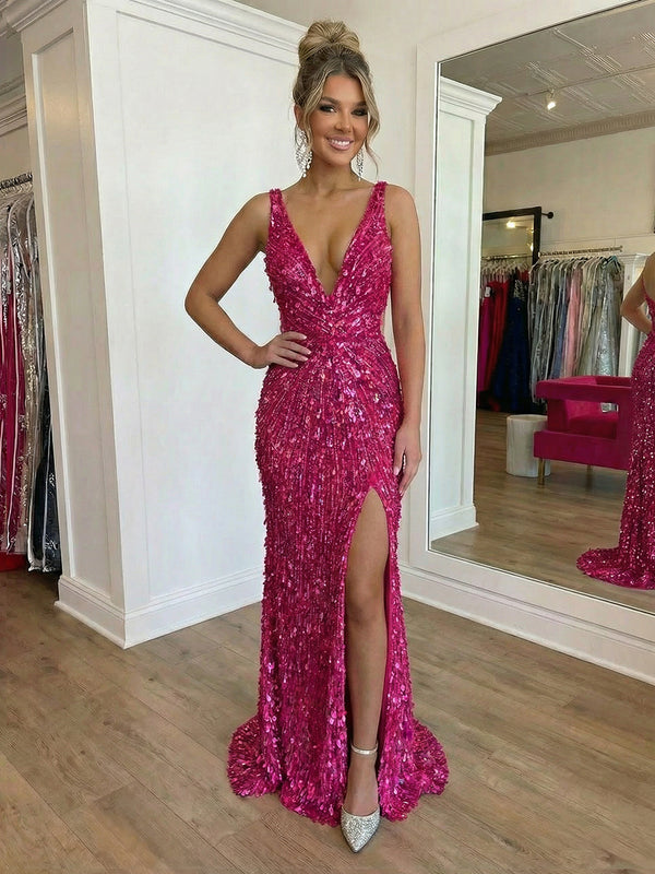 Sequin V Neck Corset Prom Dresses with Slit