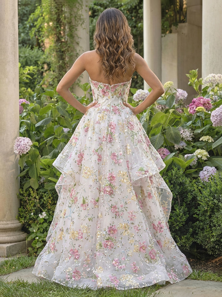 Strapless A Line Prom Dresses with Floral Embroidery