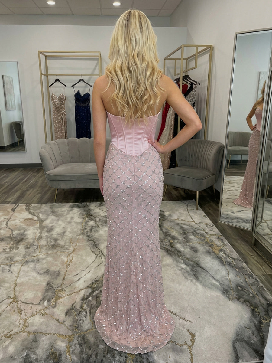 Strapless Sweetheart Satin Prom Dresses Sequin Evening Gowns