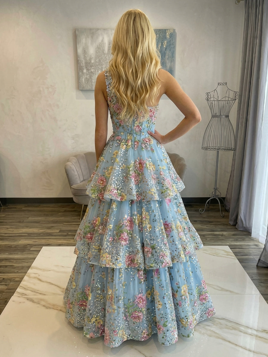 One Shoulder Layered Prom Dresses with Floral Embroidery
