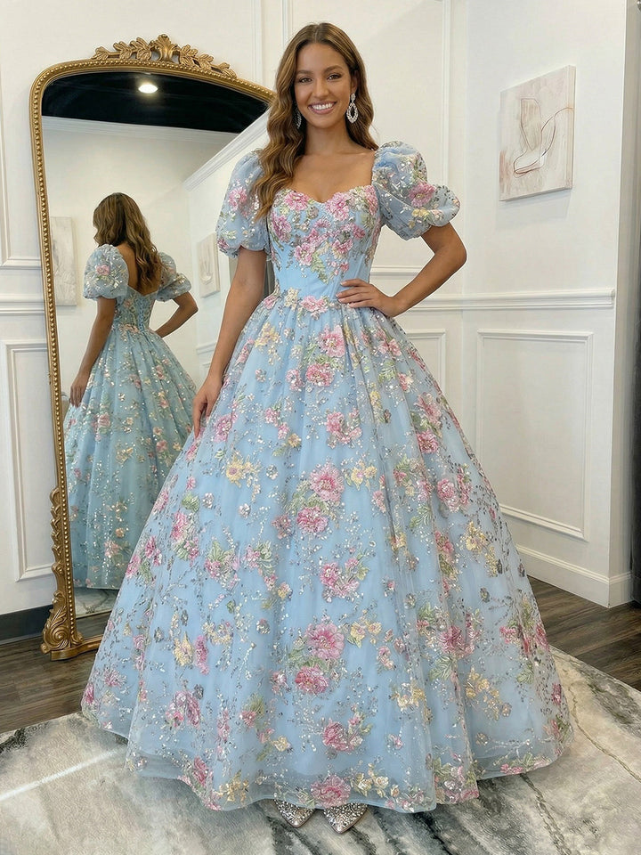 Short Sleeves A Line Prom Dresses with Floral Embroidery
