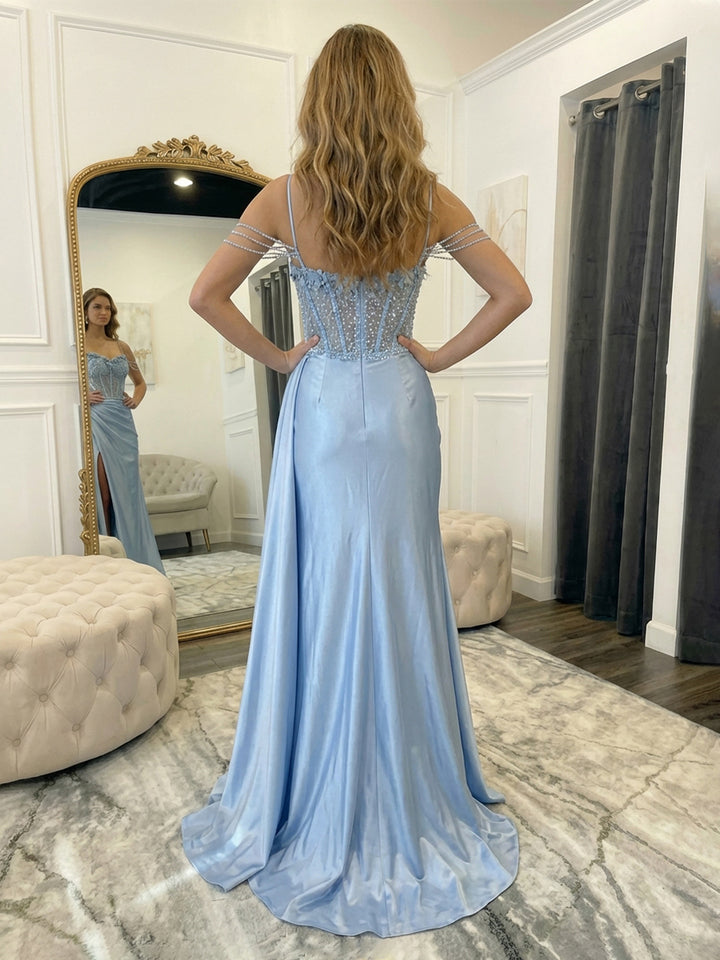 Spaghetti Straps Corset Satin Prom Dresses with Slit