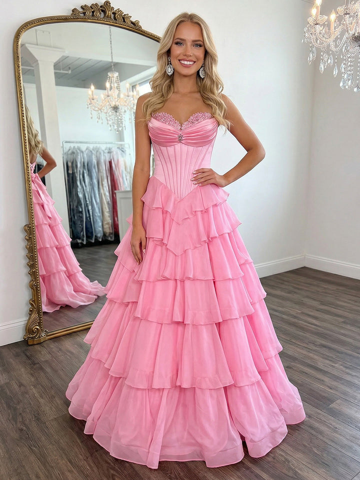 Strapless Layered Chiffon Prom Dresses Maxi Evening Gowns