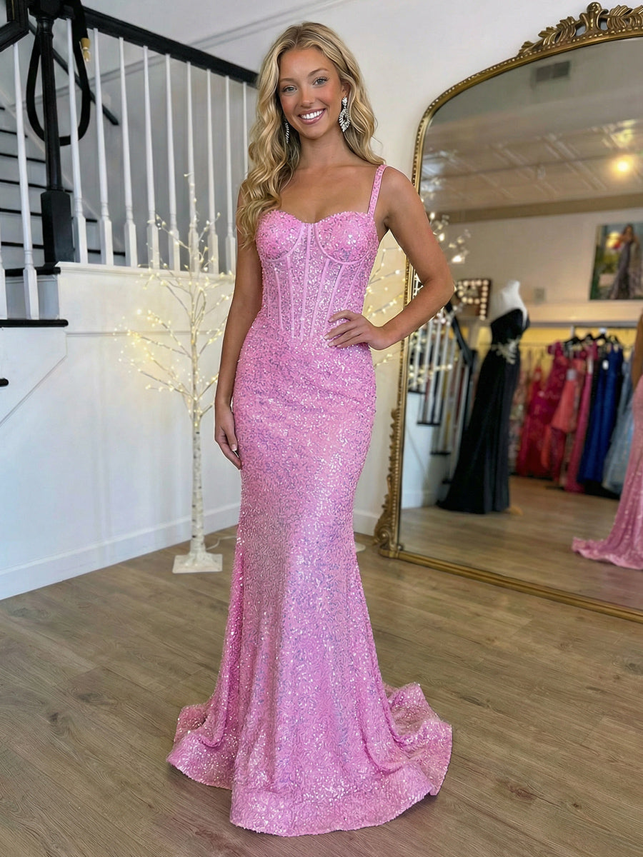 Spaghetti Straps Sequin Evening Dresses Maxi