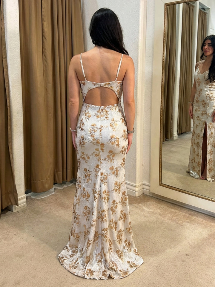Floral V Neck Mermaid Side Slit Prom Dresses