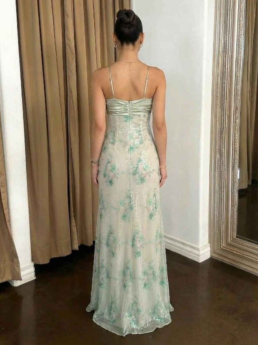 Floral V Neck Spaghetti Straps A Line Prom Dresses
