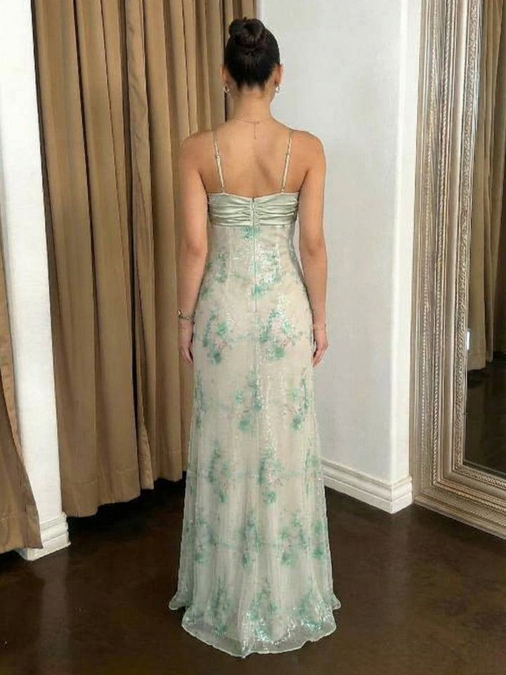 Floral V Neck Spaghetti Straps A Line Prom Dresses
