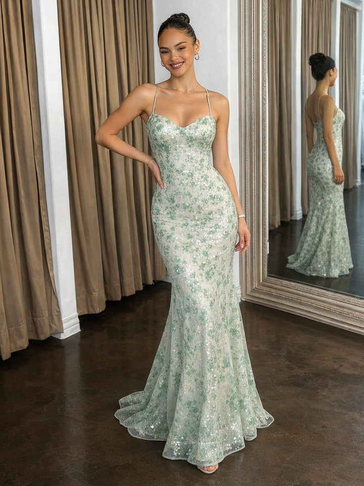 Floral V Neck Spaghetti Straps Mermaid Prom Dresses