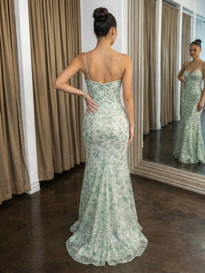Floral V Neck Spaghetti Straps Mermaid Prom Dresses