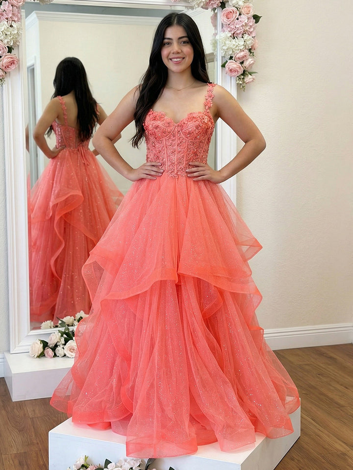 Tulle Spaghetti Straps Layered Lace Appliques Prom Dresses