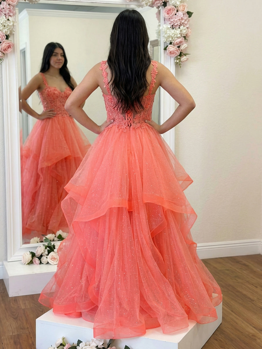 Tulle Spaghetti Straps Layered Lace Appliques Prom Dresses