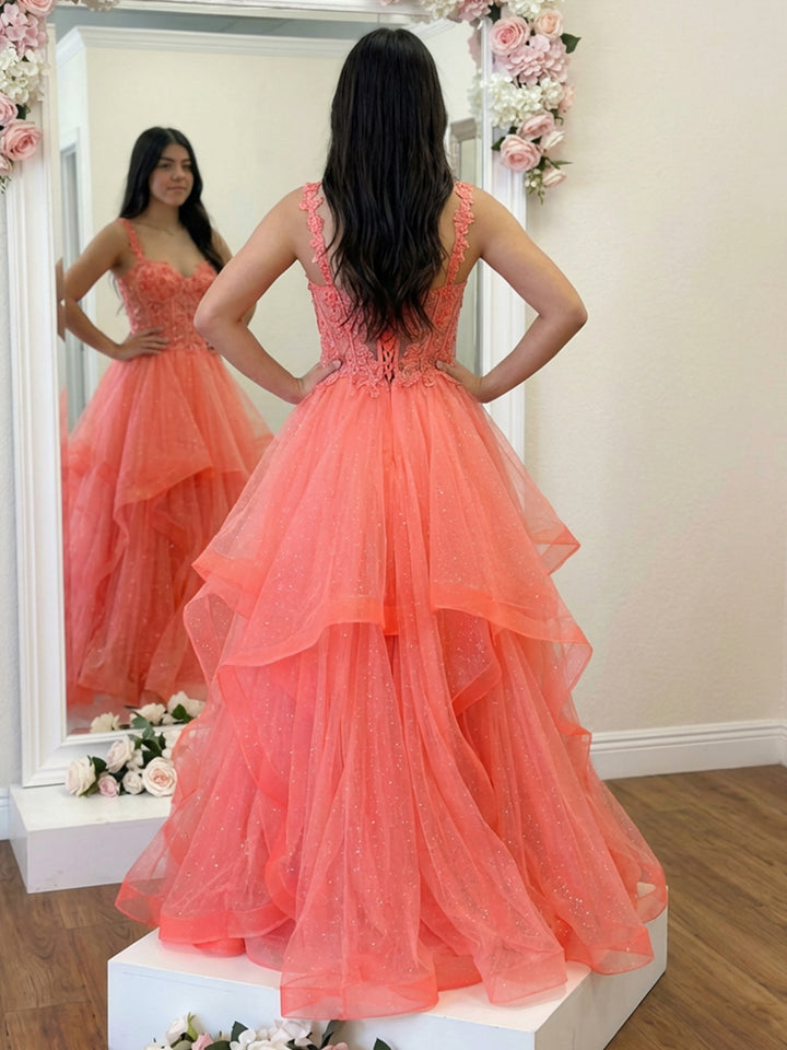 Tulle Spaghetti Straps Layered Lace Appliques Prom Dresses