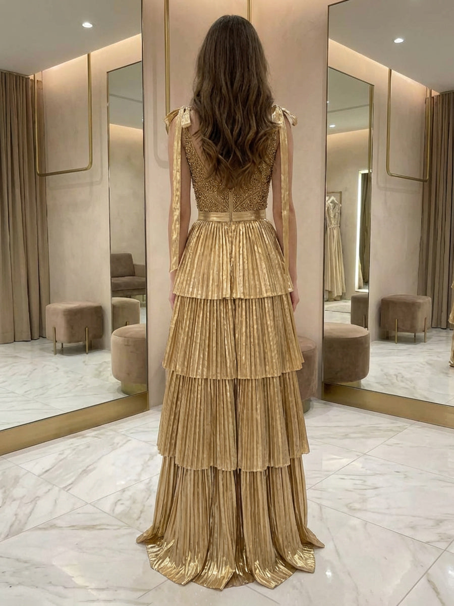 Satin Spaghetti Straps V Neck Pleated Tiered Evening Dresses with Bow Straps
