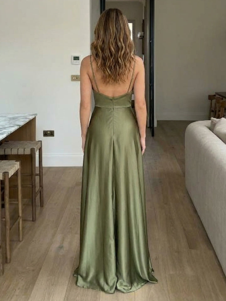 Satin Spaghetti Straps Square Neck Pleated Prom Dresses with Slit