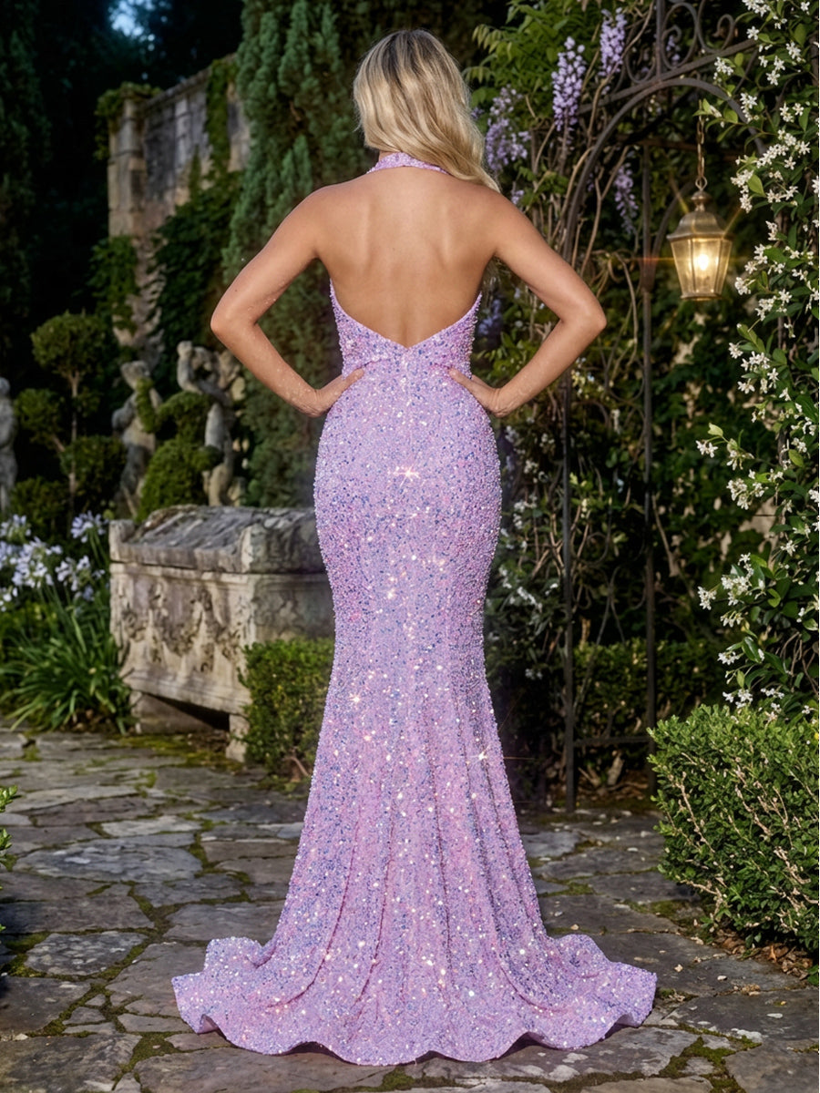 Sequin Halter V Neck Mermaid Backless Evening Dresses