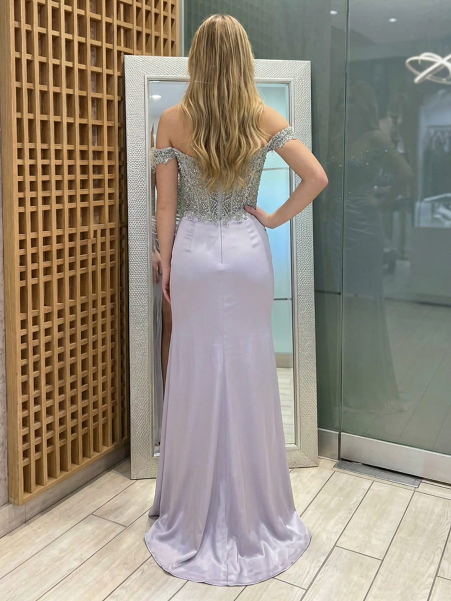 Sequin Off the Shoulder Corset Mermaid Prom Dresses with Slit