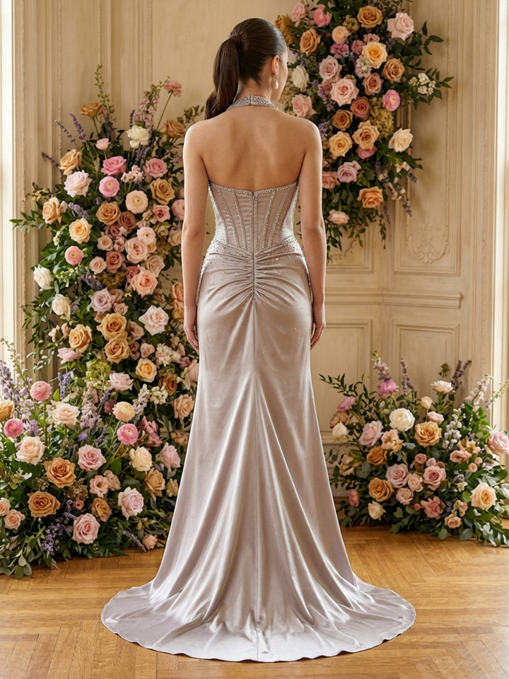 Sequin Halter V Neck Corset Mermaid Evening Dresses with Slit