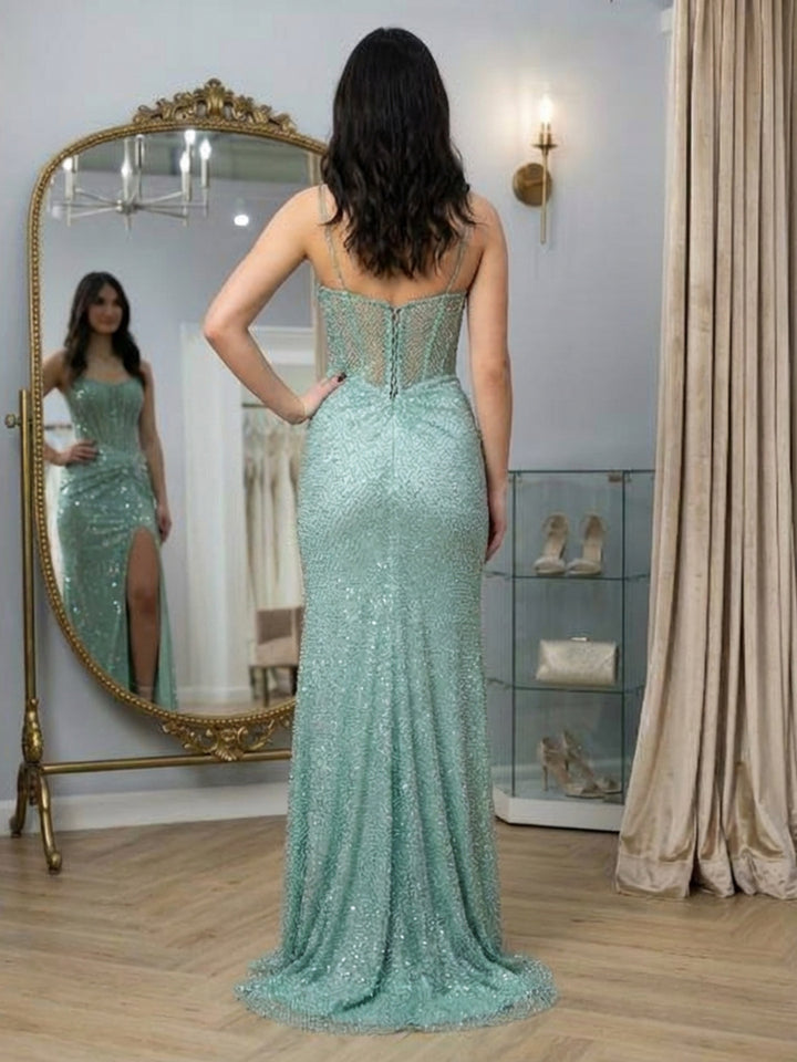Sequin Spaghetti Straps Cut Out Corset Mermaid Prom Dresses