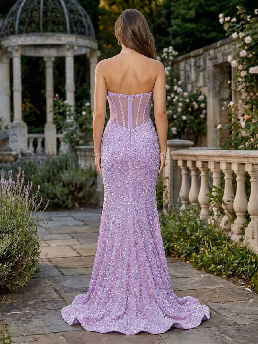 Lace Appliques Sequin Strapless Corset Mermaid Evening Dresses with Slit