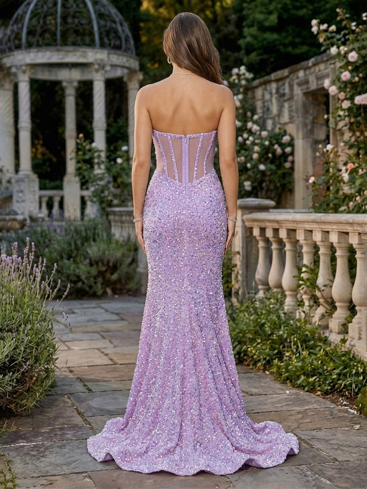 Lace Appliques Sequin Strapless Corset Mermaid Evening Dresses with Slit