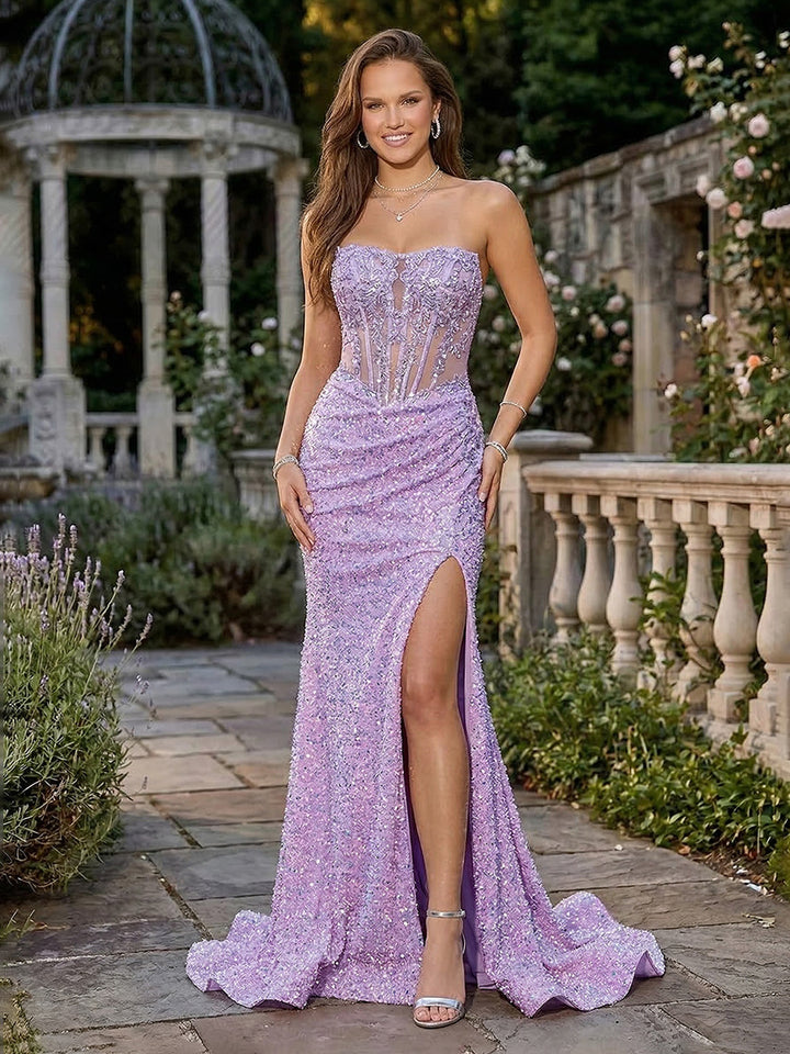 Lace Appliques Sequin Strapless Corset Mermaid Evening Dresses with Slit