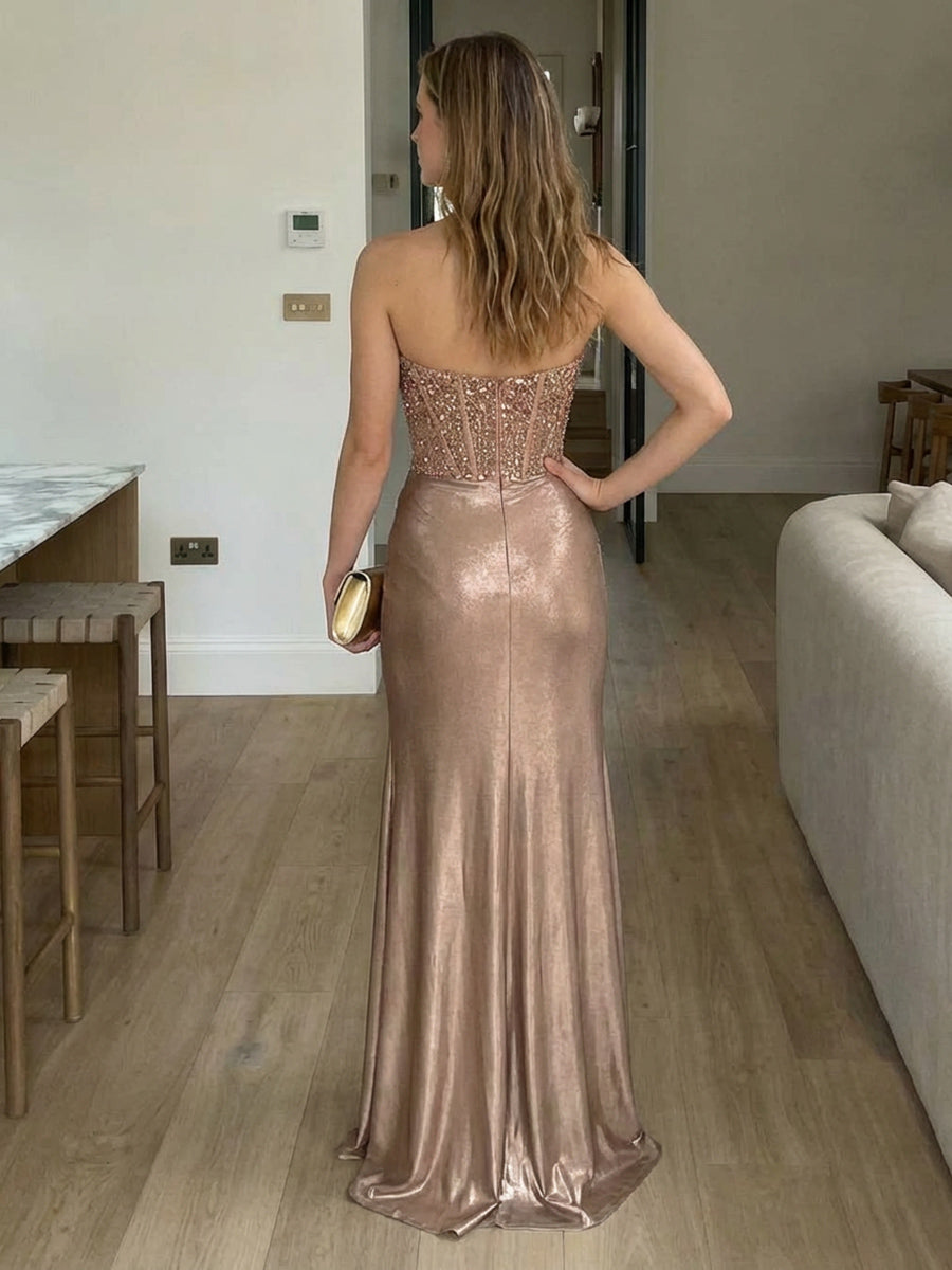 Satin Sequin Strapless Corset Mermaid Evening Dresses with Slit